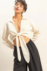HYFVE Washed Tie Front Crop Top - Trendsi - Flyclothing LLC