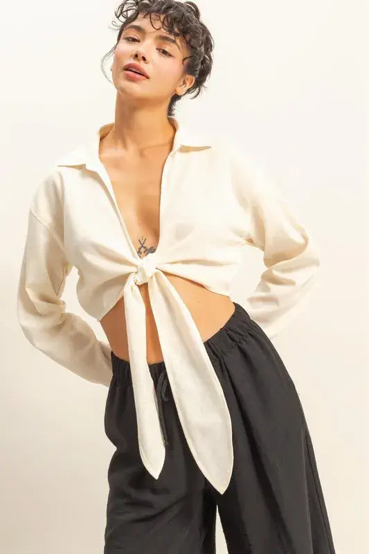 HYFVE Washed Tie Front Crop Top - Trendsi - Flyclothing LLC