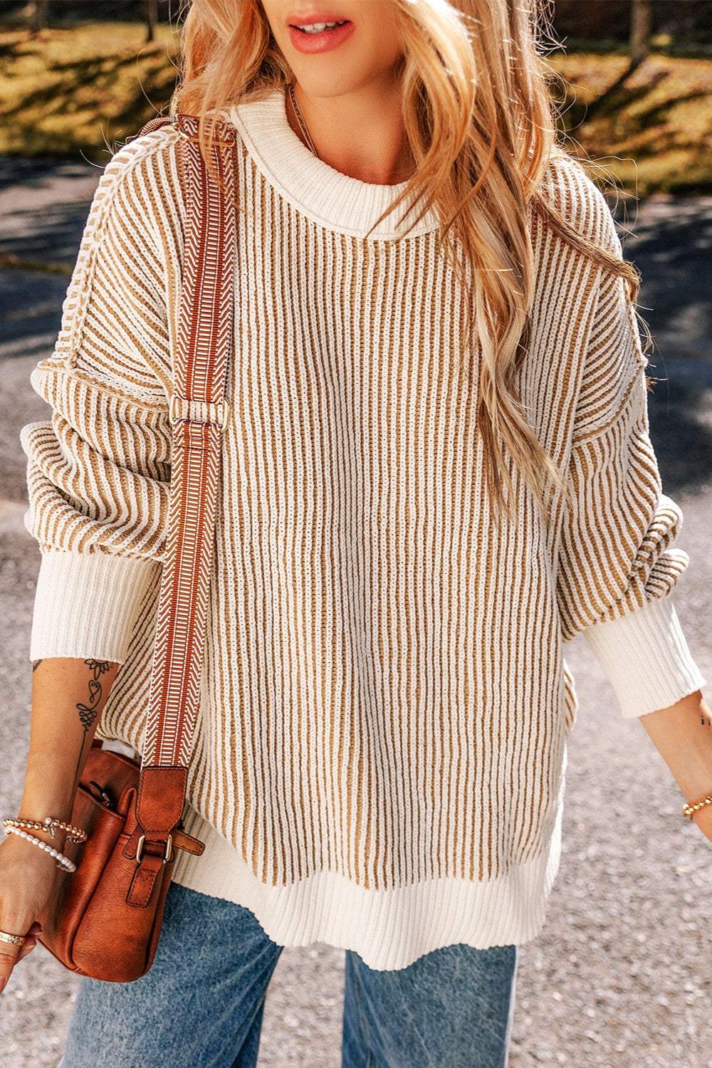 Round Neck Dropped Shoulder Sweater - Trendsi - Flyclothing LLC