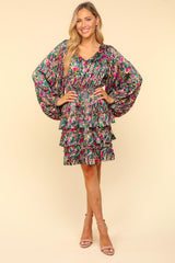 Haptics V-Neck Satin Floral Layered Dress - Trendsi