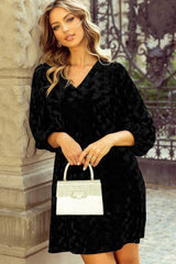 V-Neck Three-Quarter Sleeve Velvet Mini Dress - Trendsi - Flyclothing LLC