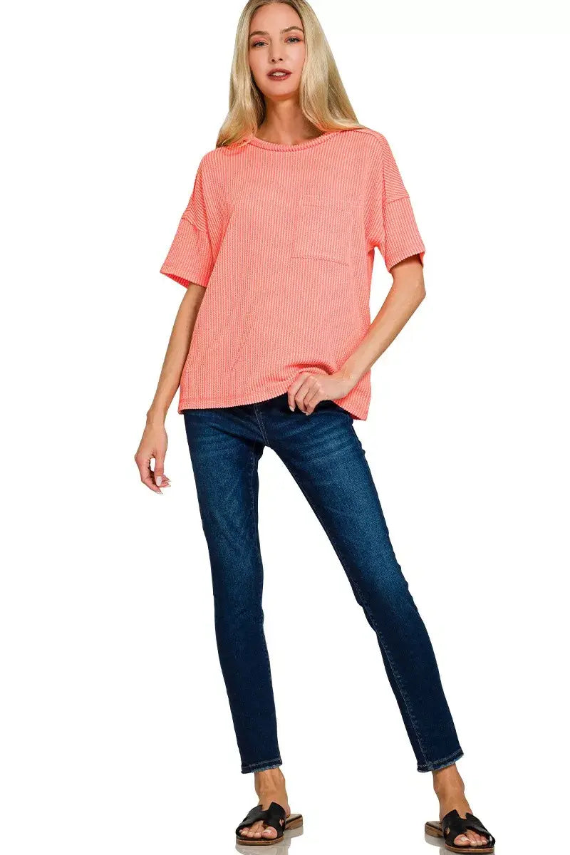 Zenana Raised Rib Exposed Seam Short Sleeve Top - Trendsi - Flyclothing LLC