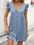 Button Up V-Neck Cap Sleeve Mini Dress - Trendsi - Flyclothing LLC
