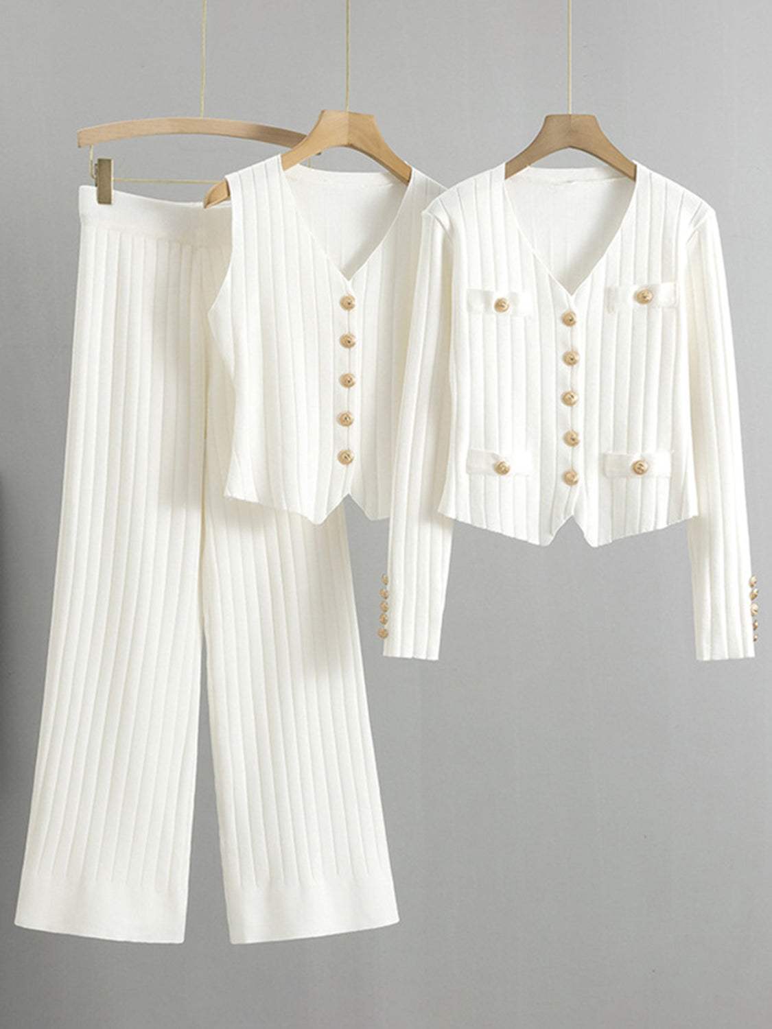 V-Neck Tank, Cardigan and Pants Three-Piece Sweater Set - Trendsi - Flyclothing LLC
