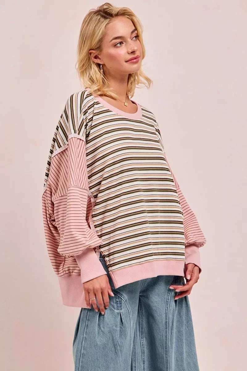 BiBi Stripe Mixed Top With Cut Edge And Reverse Outseam - Trendsi - Flyclothing LLC