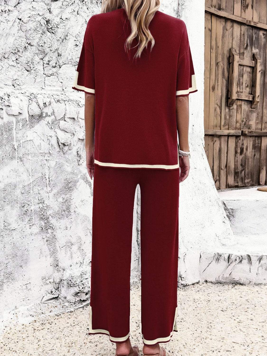Contrast Trim Round Neck Top and Pants Set - Trendsi - Flyclothing LLC
