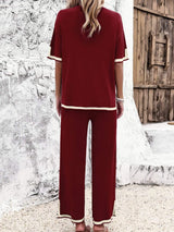 Contrast Trim Round Neck Top and Pants Set - Trendsi - Flyclothing LLC