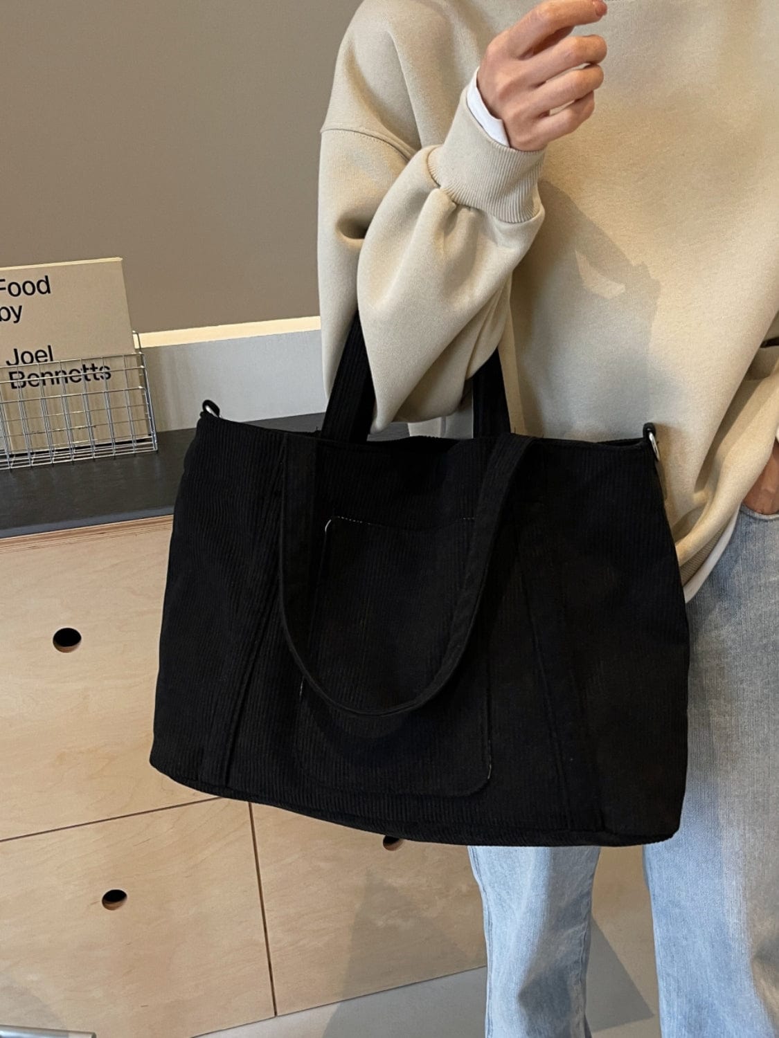 Corduroy Solid Large Tote Bag - Trendsi