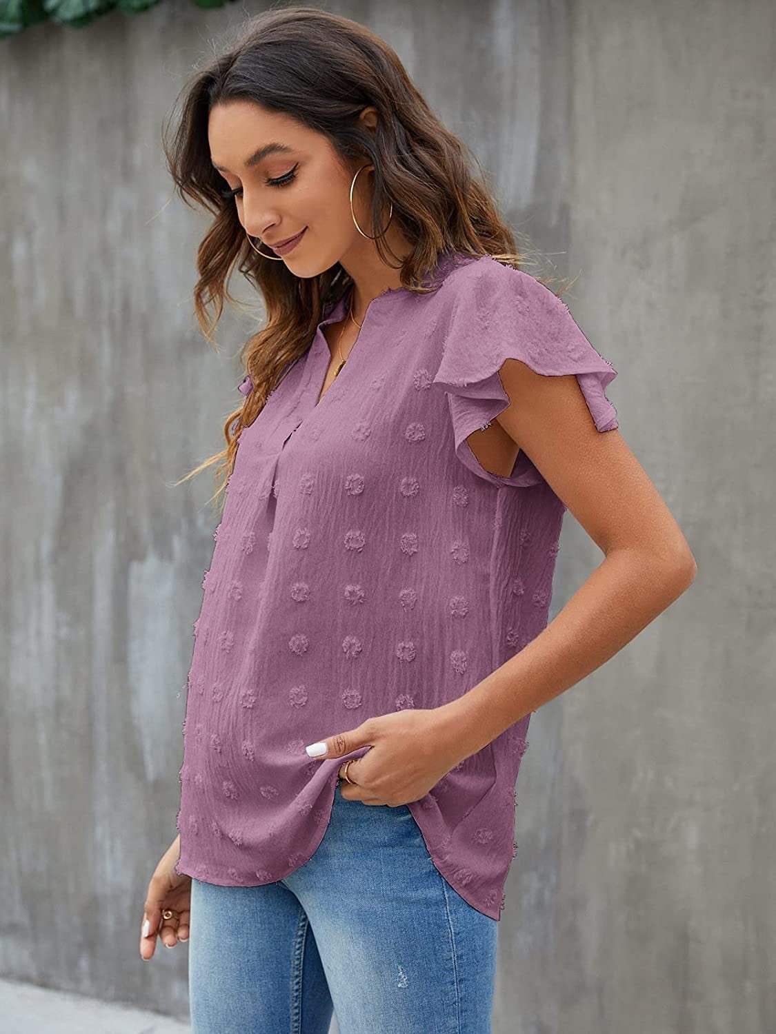 Swiss Dot Notched Flutter Sleeve Blouse - Trendsi - Flyclothing LLC