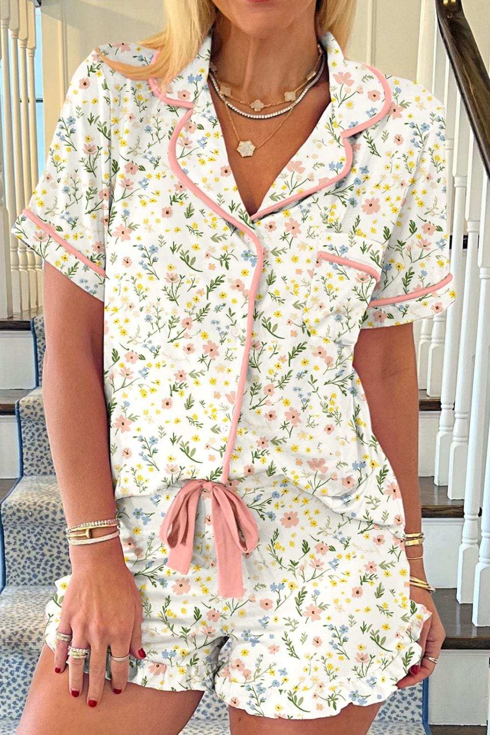 Printed Button Up Short Sleeve Top and Shorts Lounge Set - Trendsi - Flyclothing LLC