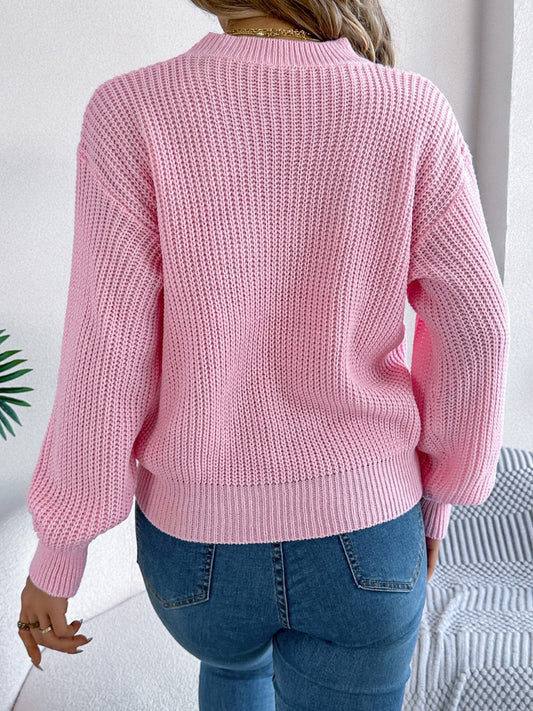 LOVE Heart Round Neck Dropped Shoulder Sweater - Trendsi
