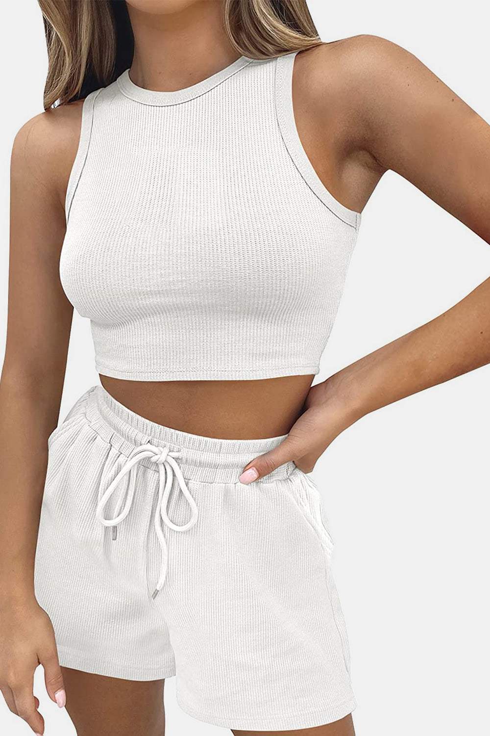 Round Neck Top and Drawstring Shorts Set - Trendsi - Flyclothing LLC