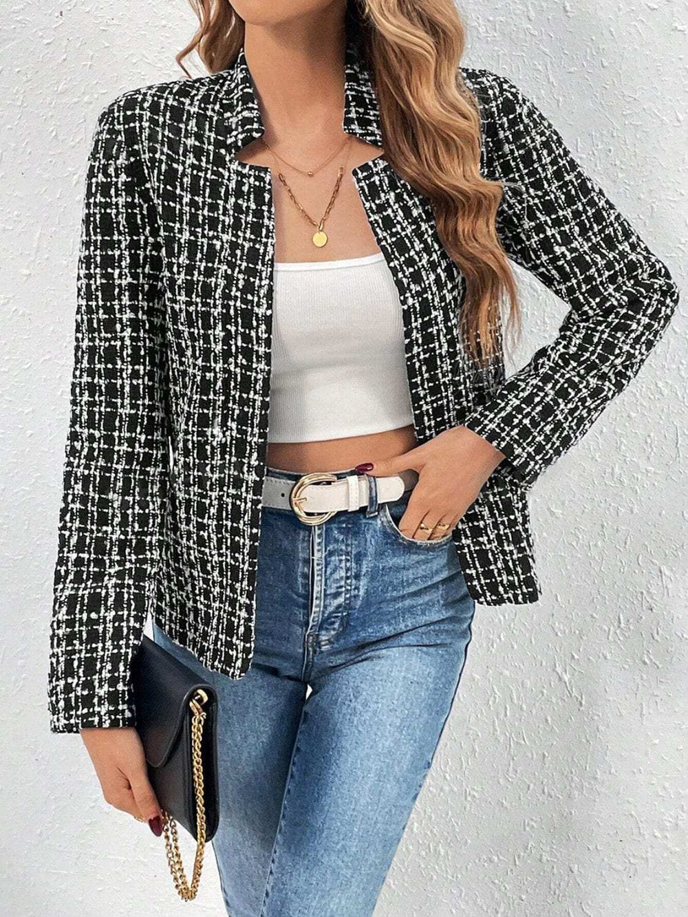 Plaid Open Front Long Sleeve Jacket - Trendsi - Flyclothing LLC