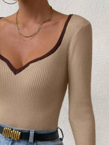 Contrast Trim Long Sleeve Knit Top - Trendsi - Flyclothing LLC
