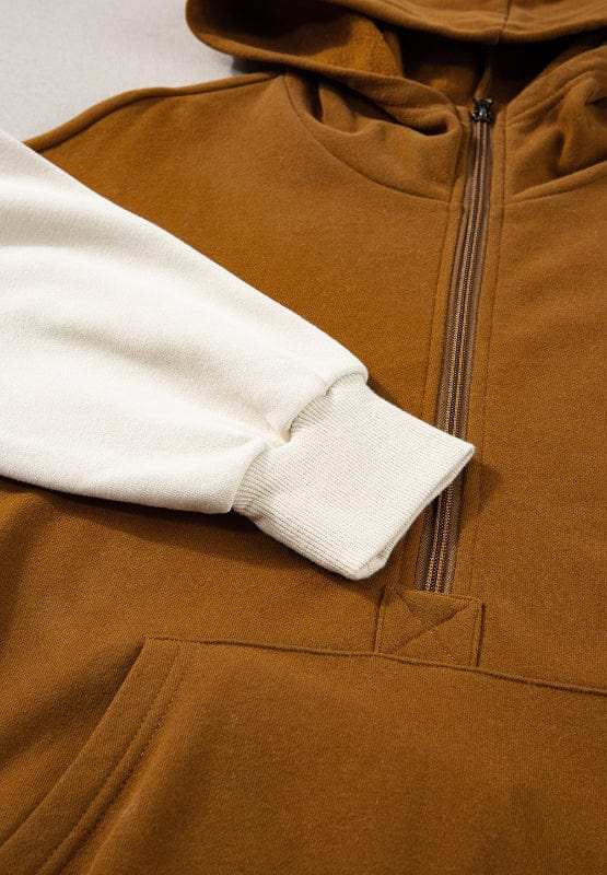 Contrast Half Zip Long Sleeve Hoodie - Trendsi - Flyclothing LLC