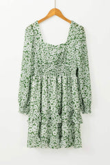 Ruffle Hem Floral Square Neck Long Sleeve Dress - Trendsi - Flyclothing LLC
