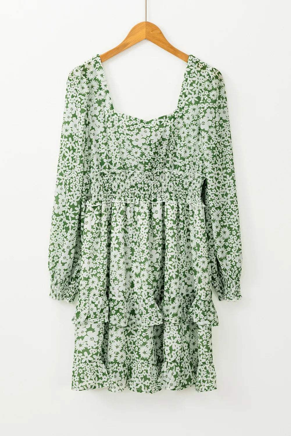 Ruffle Hem Floral Square Neck Long Sleeve Dress - Trendsi - Flyclothing LLC