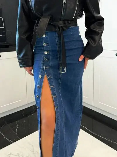 Front Button Slit Midi Denim Skirt - Trendsi - Flyclothing LLC