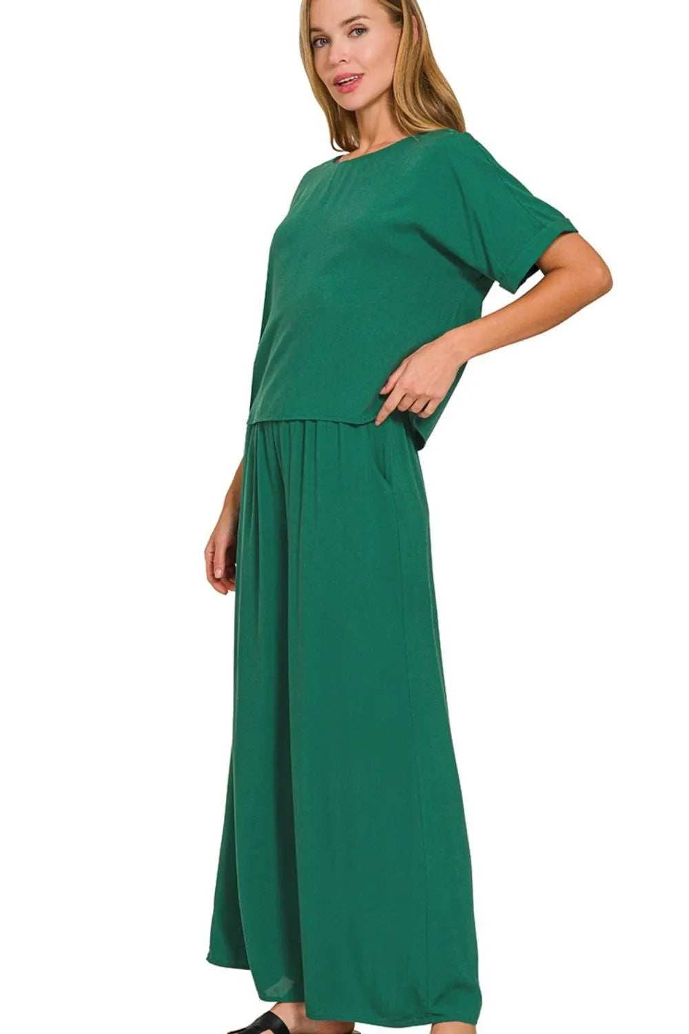 Zenana Round Neck T-Shirt and Wide Leg Pants Set - Trendsi - Flyclothing LLC