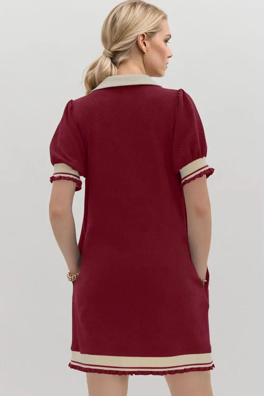 Oh Frill Contrast Trim Johnny Collar Short Sleeve Mini Dress - Trendsi - Flyclothing LLC