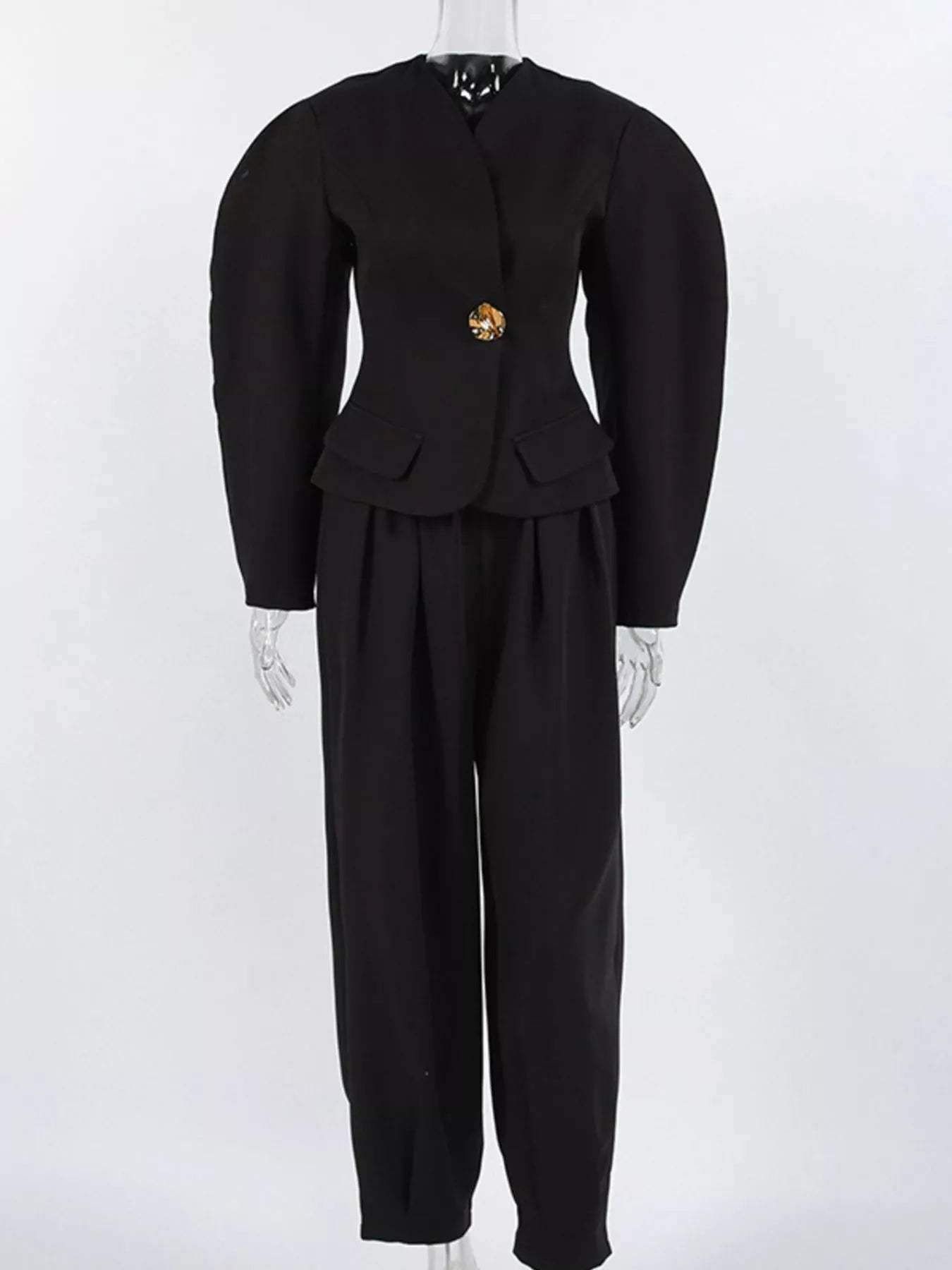 Puffy Sleeve Blazer and Wide-Leg Pants Set - Trendsi - Flyclothing LLC