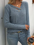 Ribbed V-Neck Long Sleeve T-Shirt - Trendsi - Flyclothing LLC