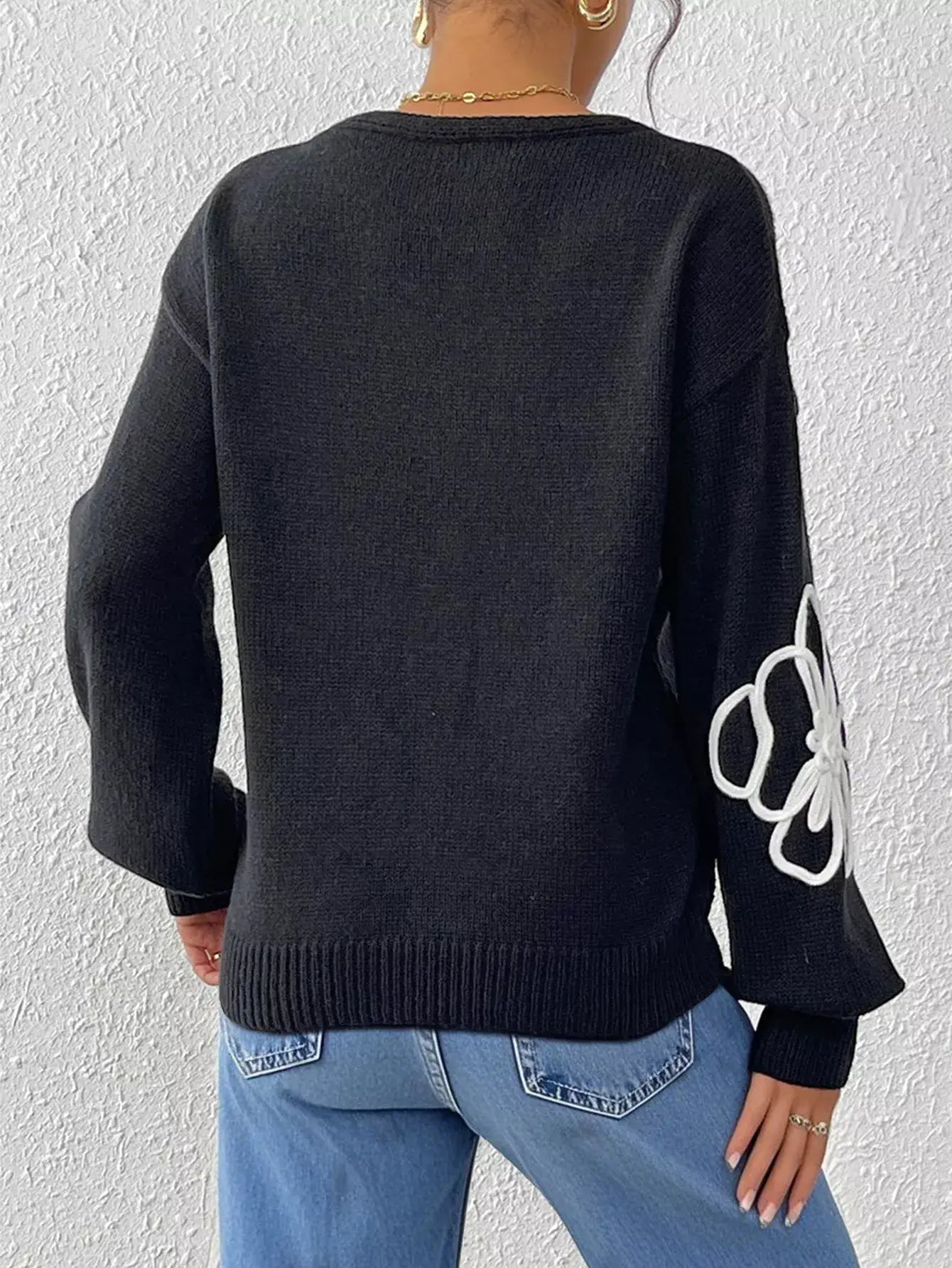 Flower V-Neck Long Sleeve Sweater - Trendsi - Flyclothing LLC