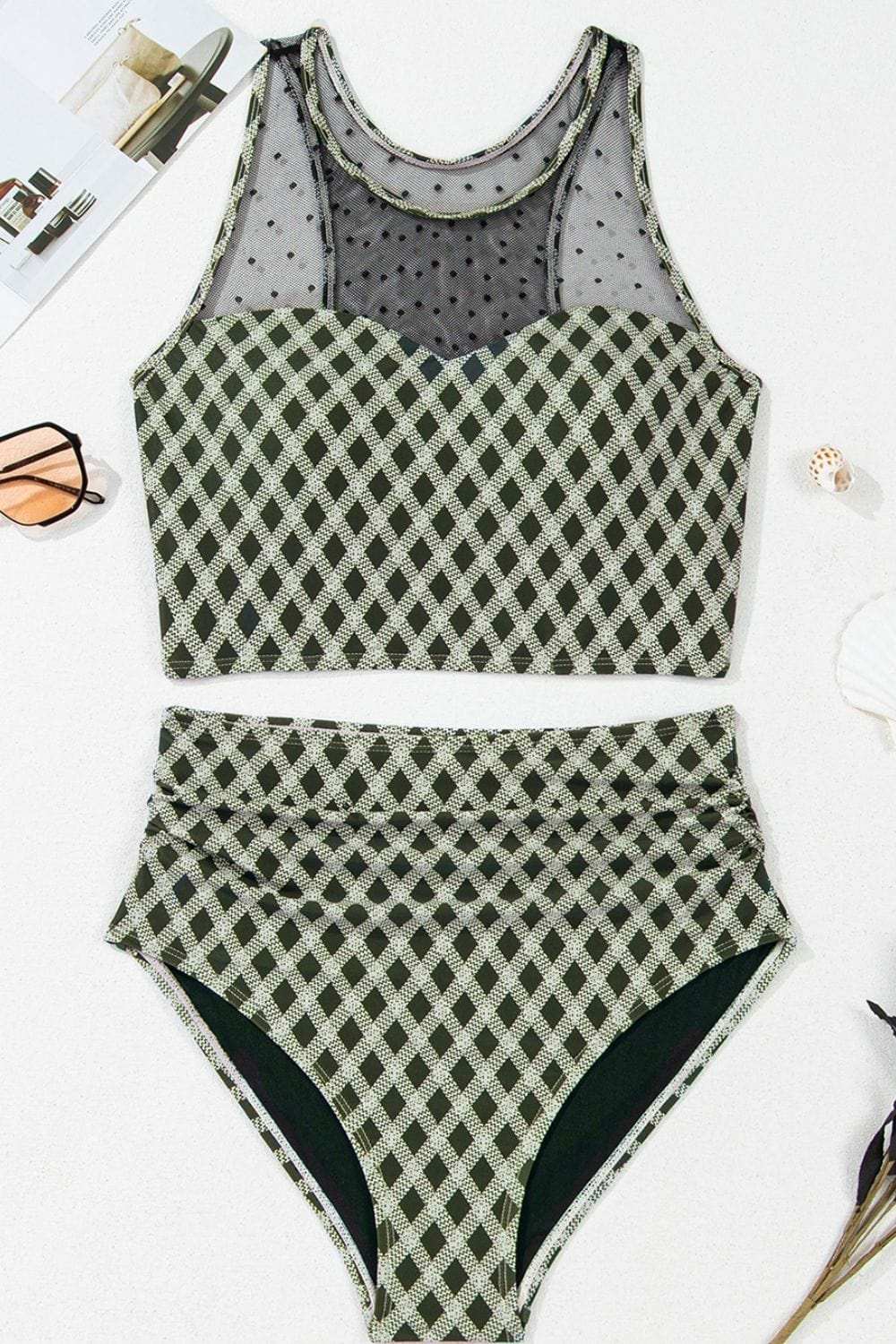 Dotted Mesh Plaid Patchwork High Waisted Swim Set - Trendsi - Flyclothing LLC