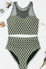 Dotted Mesh Plaid Patchwork High Waisted Swim Set - Trendsi - Flyclothing LLC
