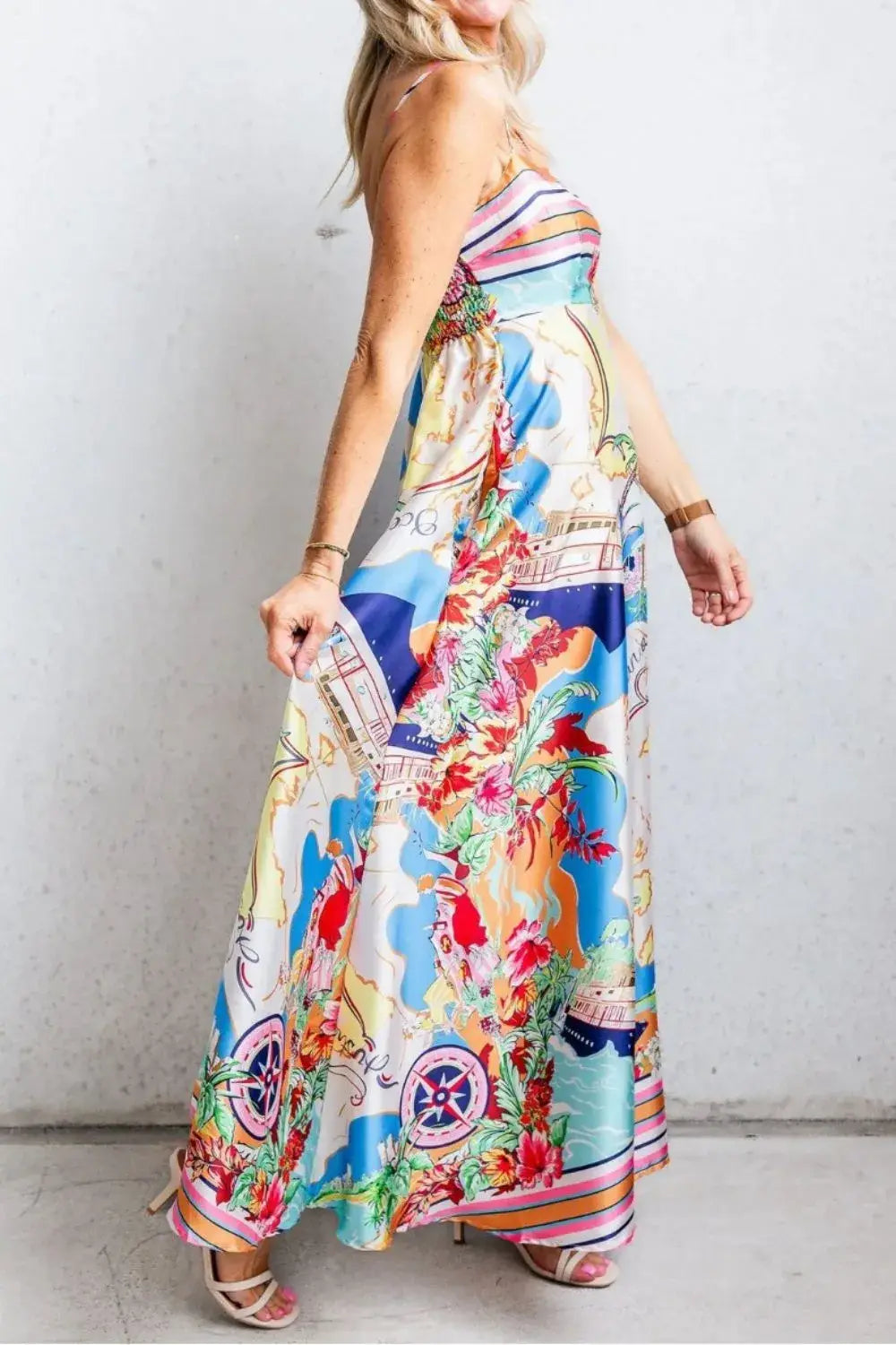 Smocked Back Printed Square Neck Maxi Cami Dress with Pockets - Trendsi - Flyclothing LLC