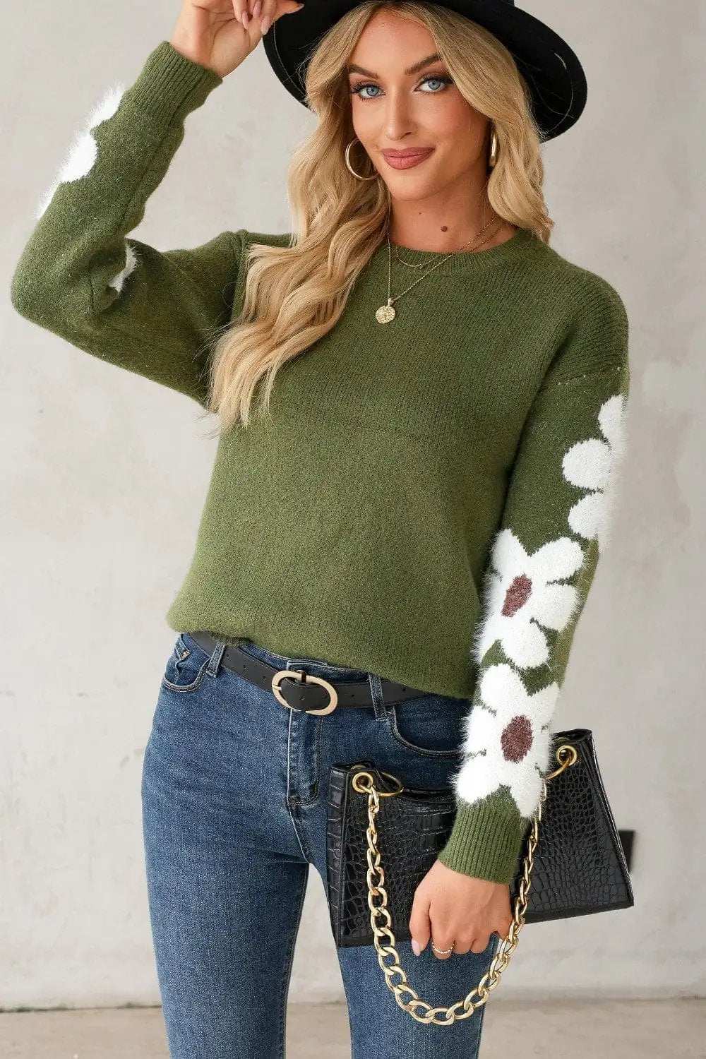 Flower Round Neck Long Sleeve Sweater - Trendsi - Flyclothing LLC