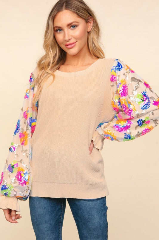 Haptics Floral Sequins Mesh Flounce Sleeve Sweater - Trendsi