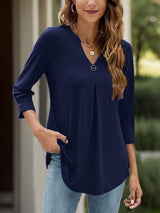 Notched Three-Quarter Sleeve T-Shirt - Trendsi - Flyclothing LLC