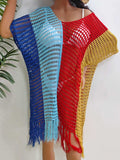 Fringe Color Block Scoop Neck Cover Up - Trendsi - Flyclothing LLC