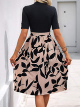 Perfee Tied Printed Mock Neck Short Sleeve Dress - Trendsi - Flyclothing LLC