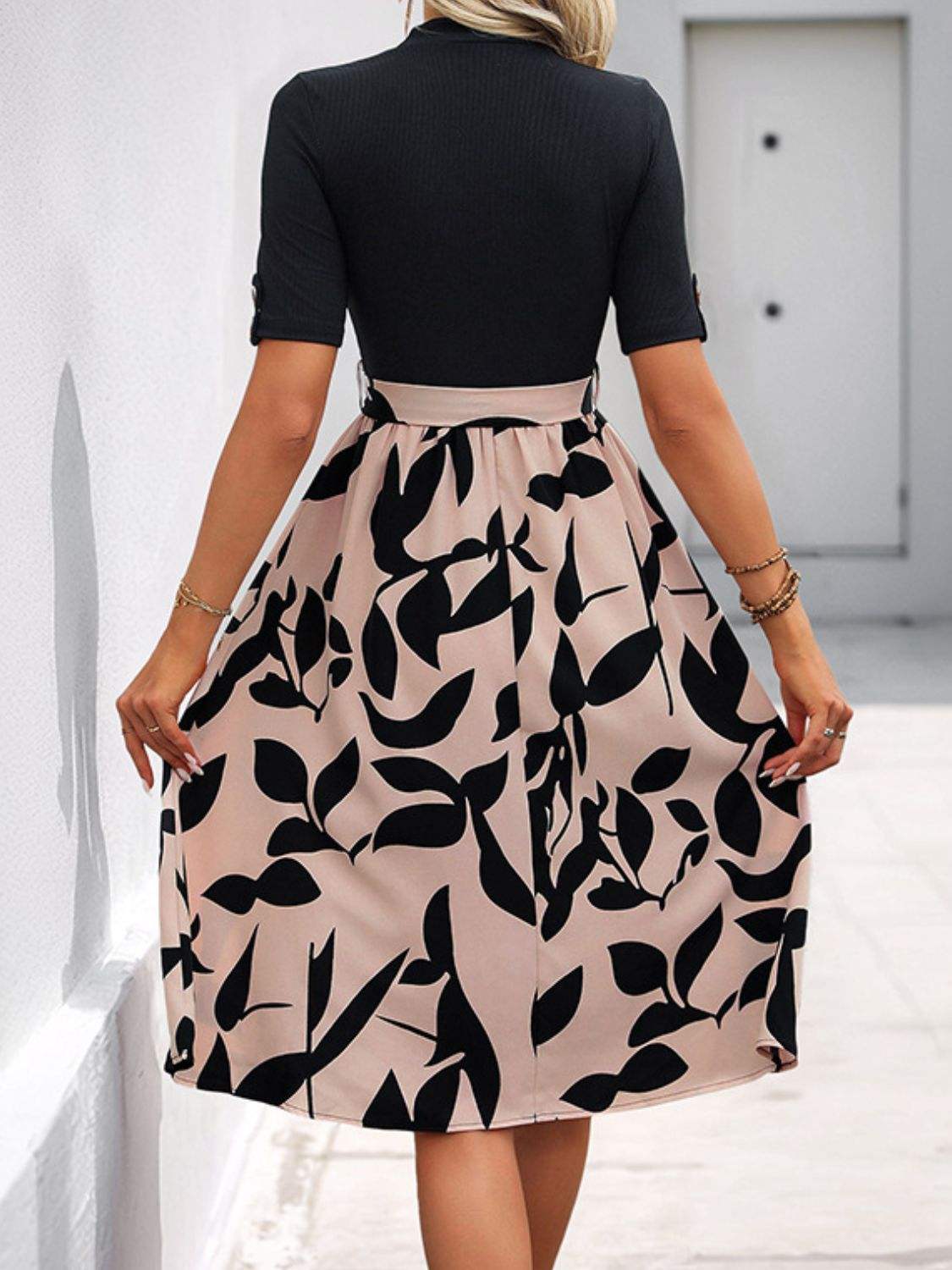 Perfee Tied Printed Mock Neck Short Sleeve Dress - Trendsi - Flyclothing LLC