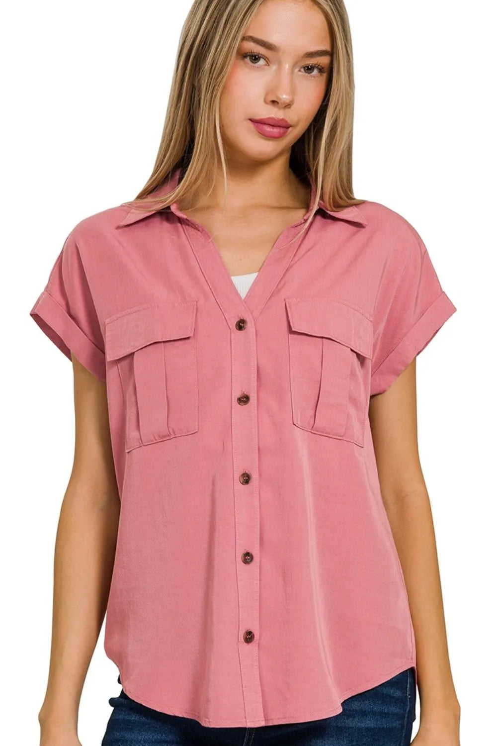 Zenana Tencel V-neck Collared Top W Front Flap Pockets - Trendsi