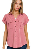 Zenana Tencel V-neck Collared Top W Front Flap Pockets - Trendsi