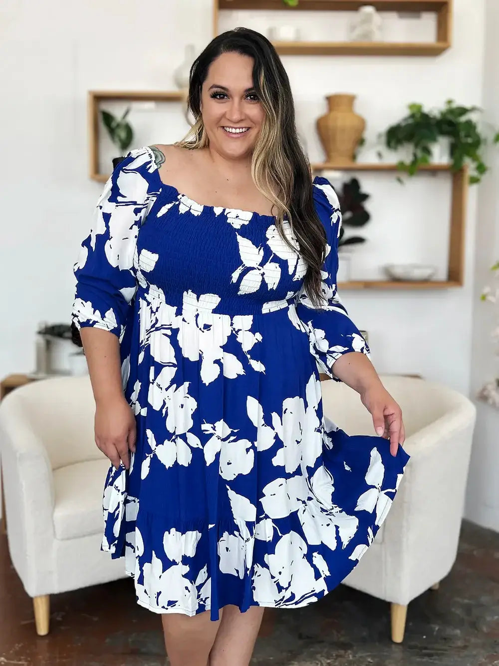 Double Take Full Size Floral Ruffle Hem Smocked Dress with Pockets - Trendsi - Flyclothing LLC
