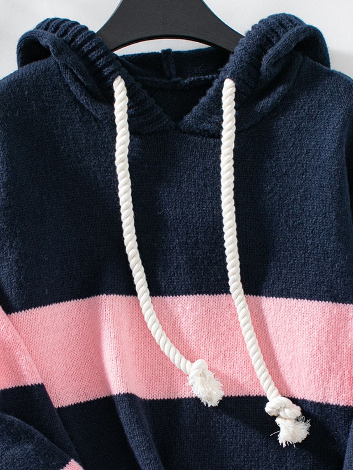 Drawstring Contrast Stripe Dropped Shoulder Hooded Sweater - Trendsi