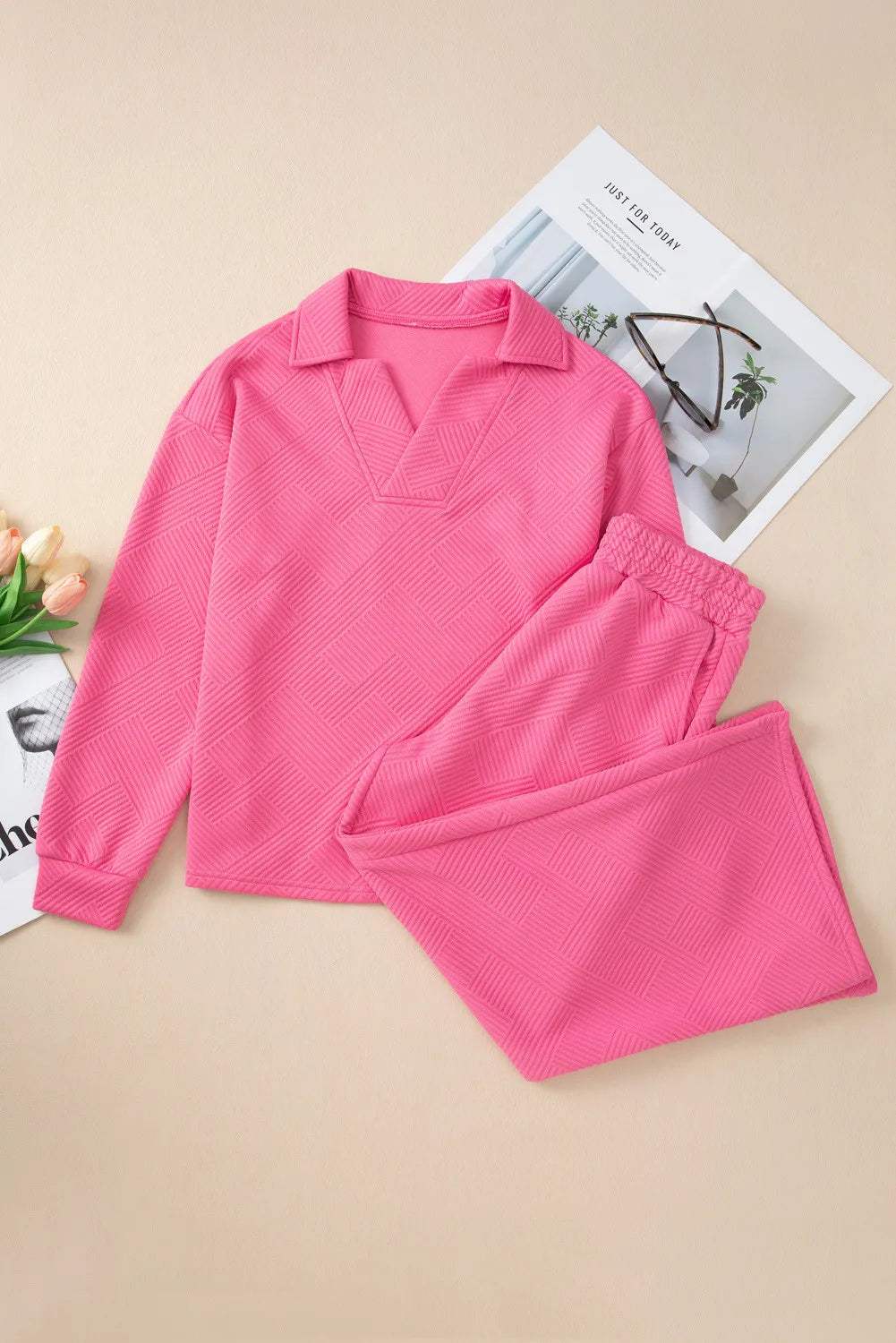 Textured Long Sleeve Top and Drawstring Pants Set - Trendsi - Flyclothing LLC