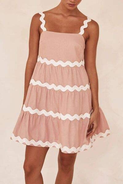 Contrast Trim Square Neck Tiered Dress - Trendsi - Flyclothing LLC