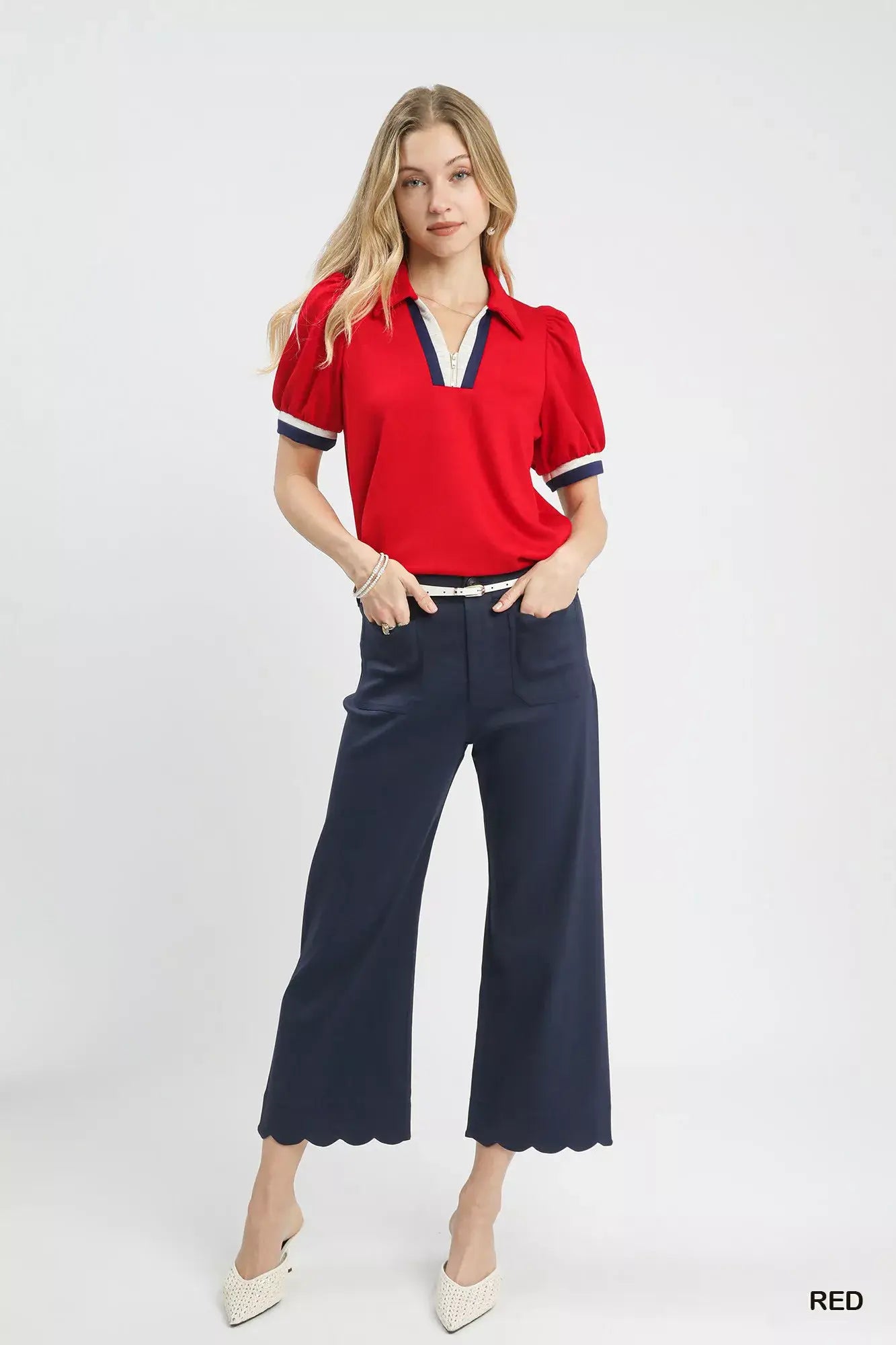 Umgee Puff Sleeve Zip Front Top with Contrast Striped Trim - Trendsi - Flyclothing LLC