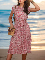 Printed Cap Sleeve Tie Waist Dress - Trendsi - Flyclothing LLC