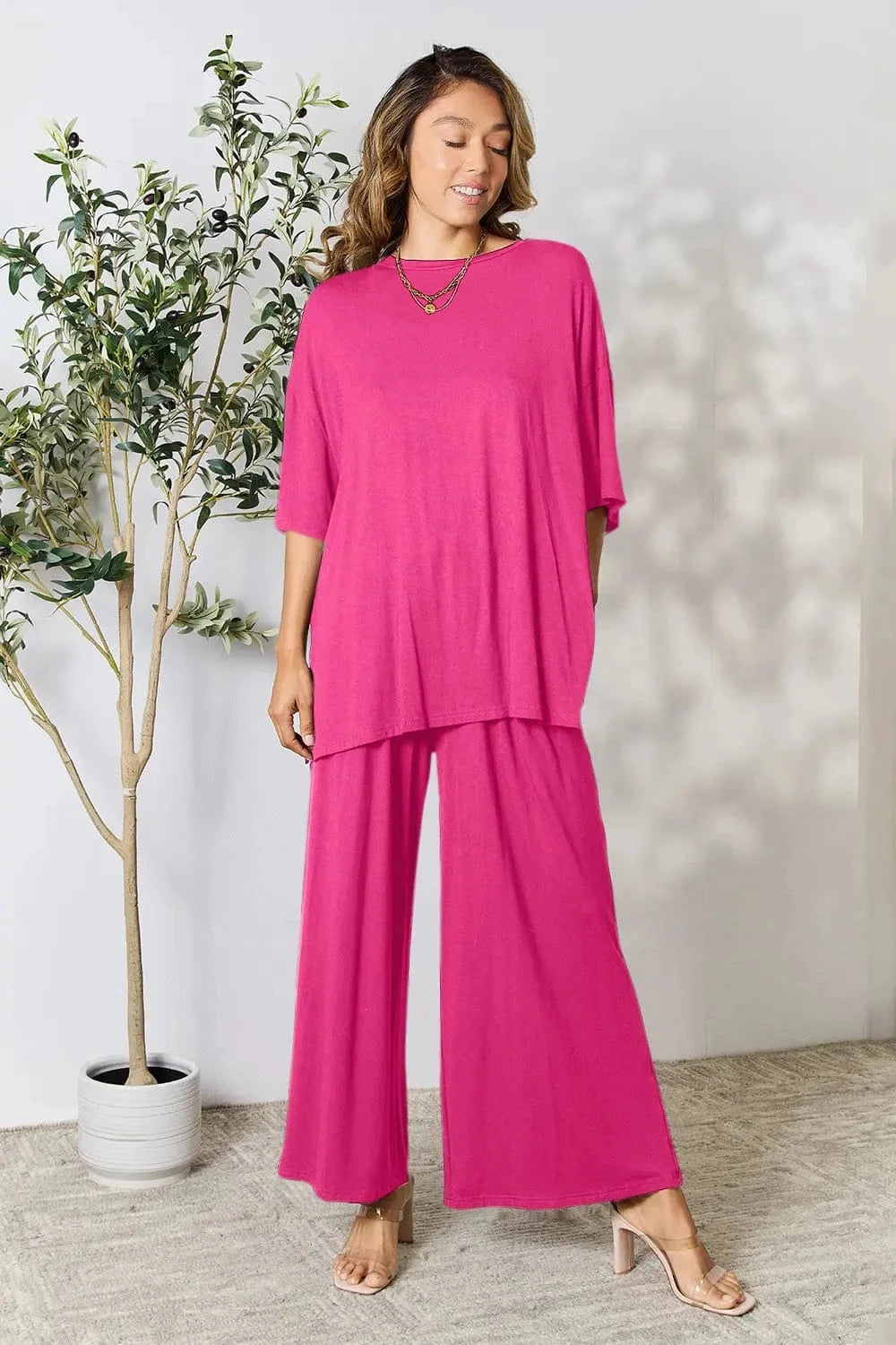 Double Take Full Size Round Neck Slit Top and Pants Set - Trendsi