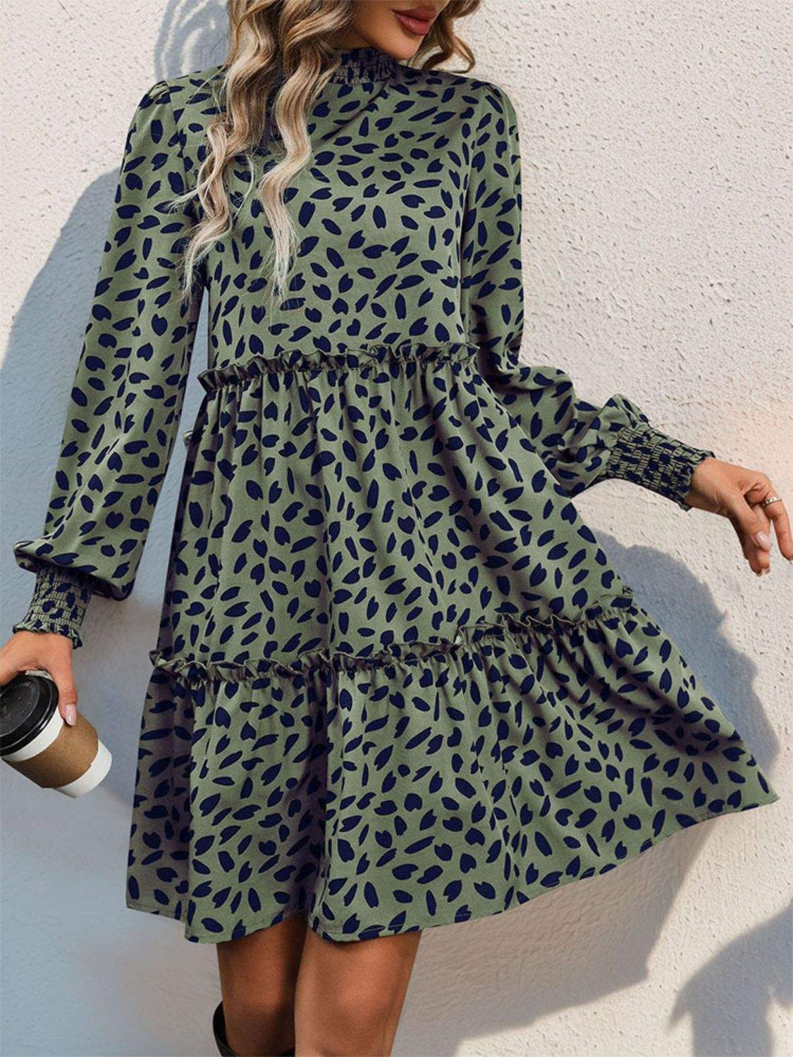 Frill Printed Mock Neck Long Sleeve Mini Dress - Trendsi - Flyclothing LLC