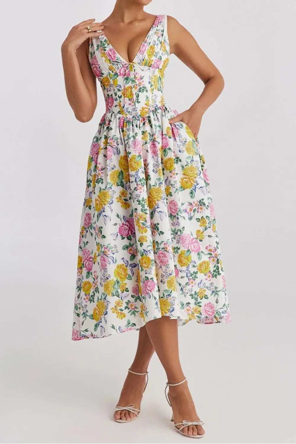 Floral V-Neck Sleeveless Midi Dress with Pockets - Trendsi - Flyclothing LLC