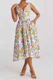 Floral V-Neck Sleeveless Midi Dress with Pockets - Trendsi