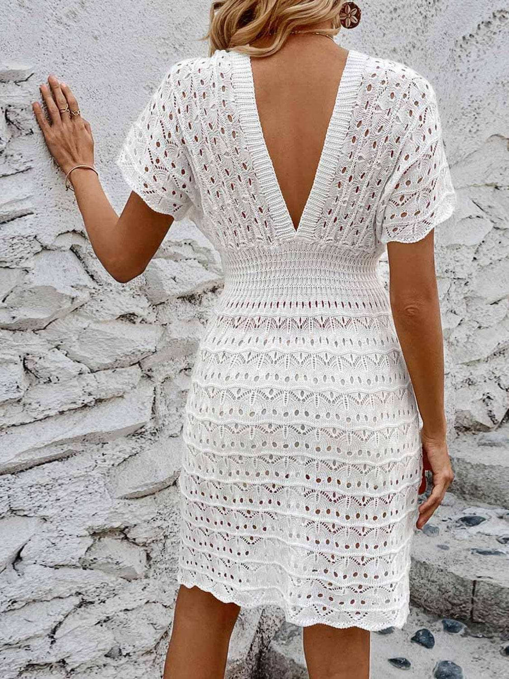 Openwork Plunge Short Sleeve Cover-Up Dress - Trendsi - Flyclothing LLC