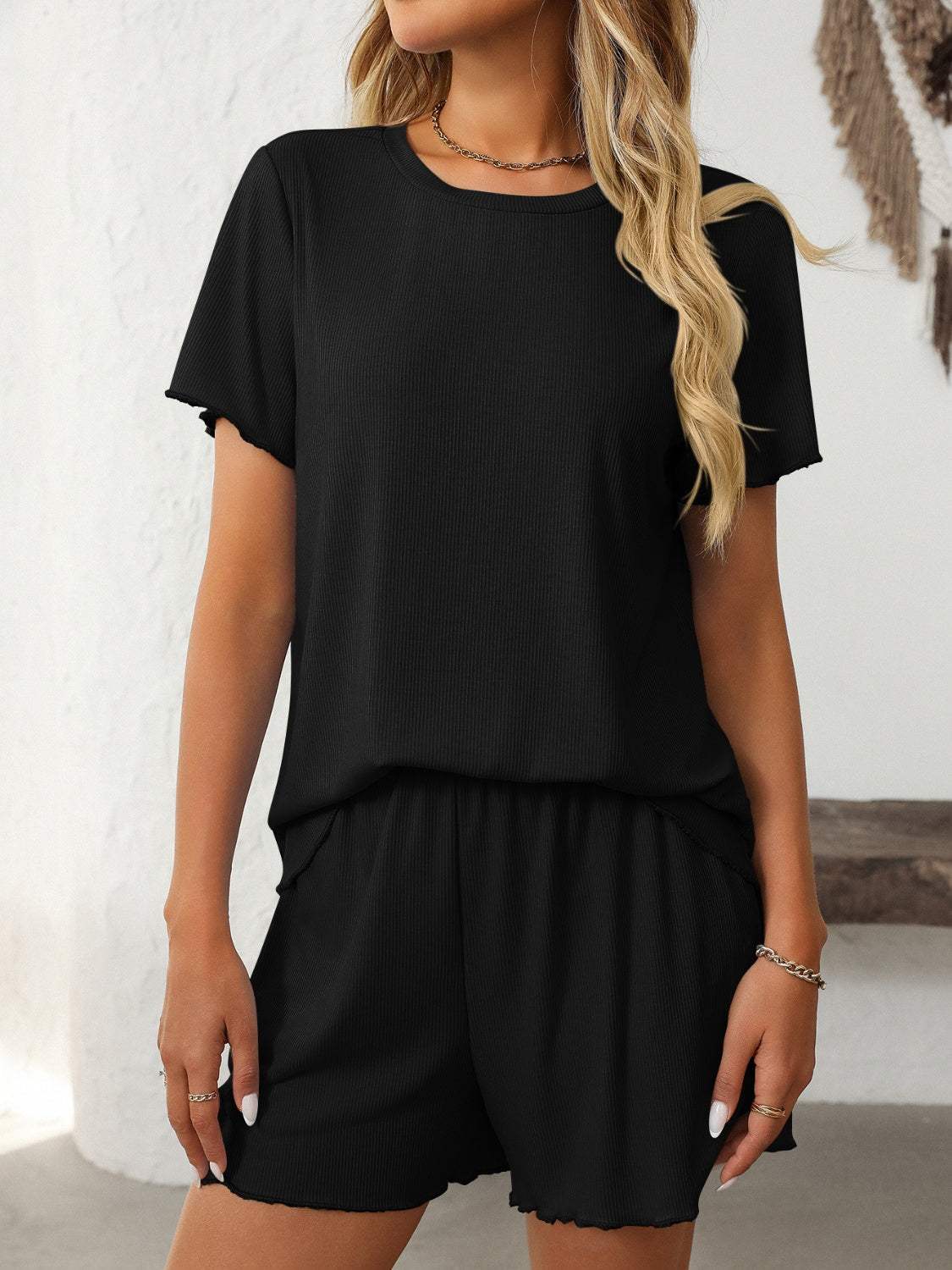 Mandy Round Neck Short Sleeve Top and Shorts Set - Trendsi - Flyclothing LLC
